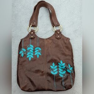 Brown Leather Tote Bag with Blue Leaf Design